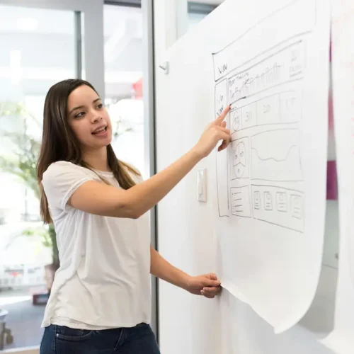 Woman presenting a product plan on a large sheet of paper in an office setting.