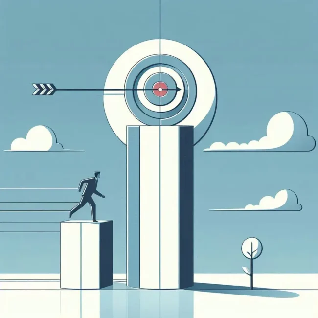 Achieving Targeted Goals Person stepping towards a large target with an arrow hitting the center.