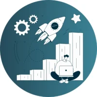 Icon of a person working on a laptop with a rocket launching in the background.