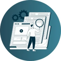 Icon of a person analyzing multiple screens with a magnifying glass.