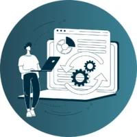 Icon of a person presenting data and gears on a screen.