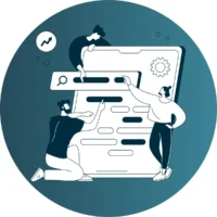 Icon of three people collaborating on a large digital dashboard.