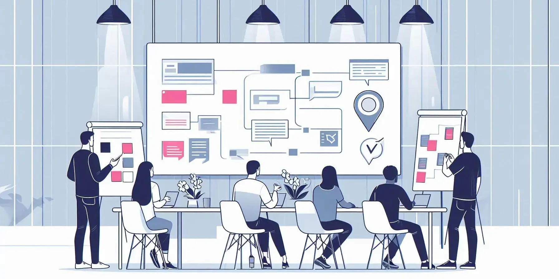 Illustration of a product team collaborating in a modern workspace, with whiteboards and sticky notes representing customer-centered planning.