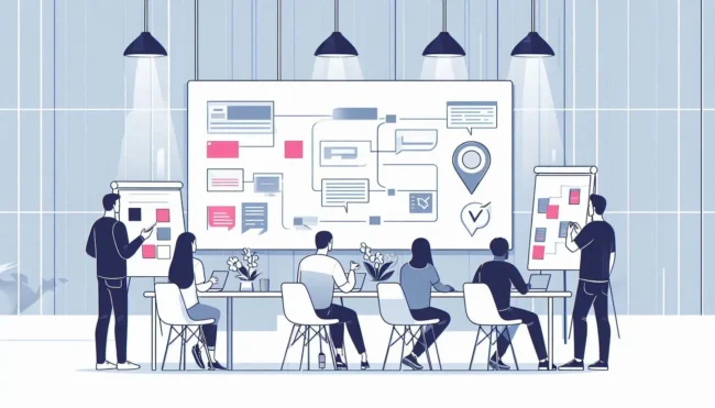 Illustration of a product team collaborating in a modern workspace, with whiteboards and sticky notes representing customer-centered planning.