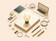 Minimalist workspace with lightbulb, laptop, notebook, and tools symbolizing brainstorming and idea development