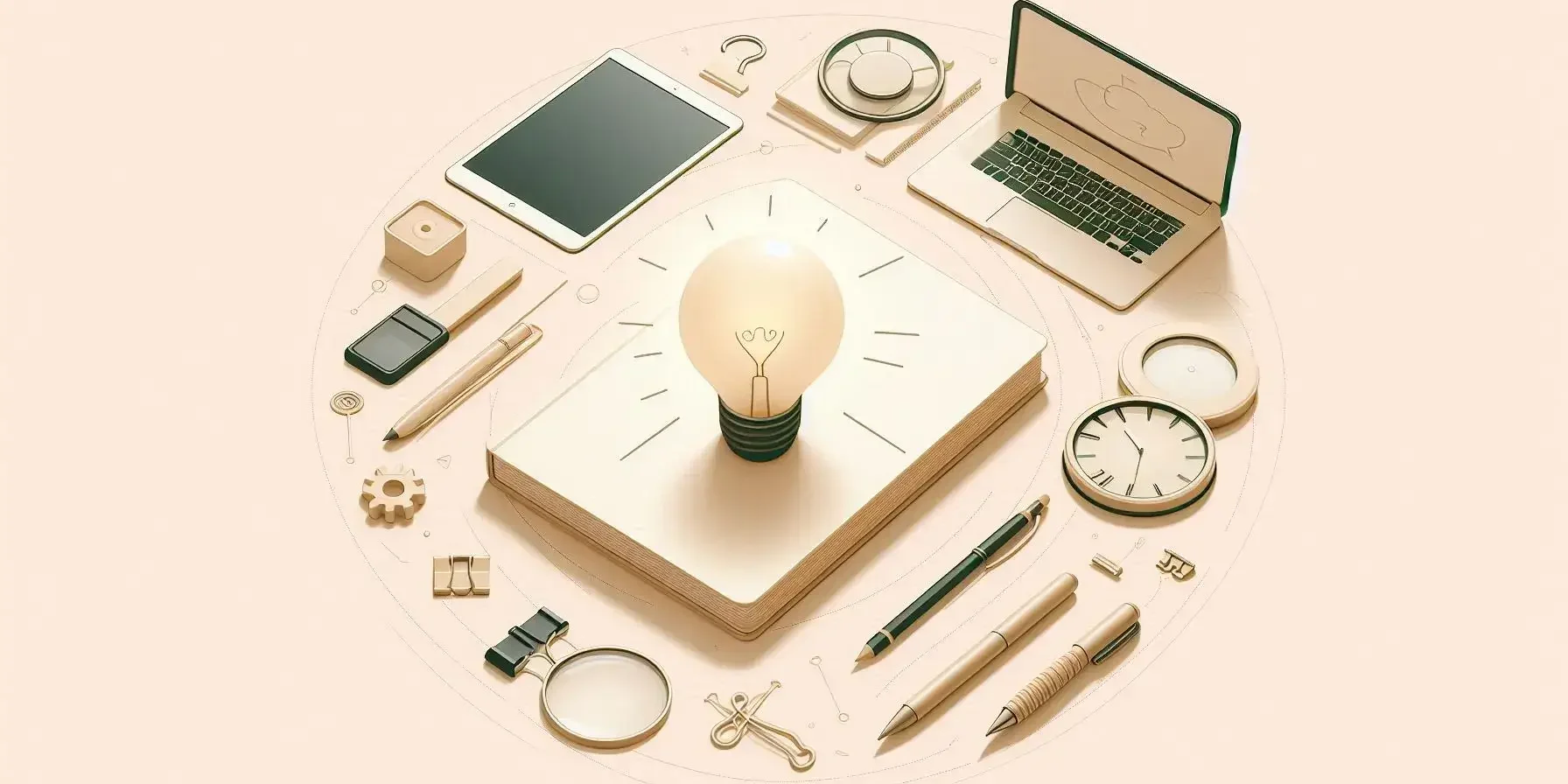 Exploring New Ideas for Business Success Minimalist workspace with lightbulb, laptop, notebook, and tools symbolizing brainstorming and idea development