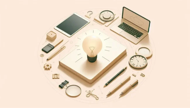 Exploring New Ideas for Business Success Minimalist workspace with lightbulb, laptop, notebook, and tools symbolizing brainstorming and idea development