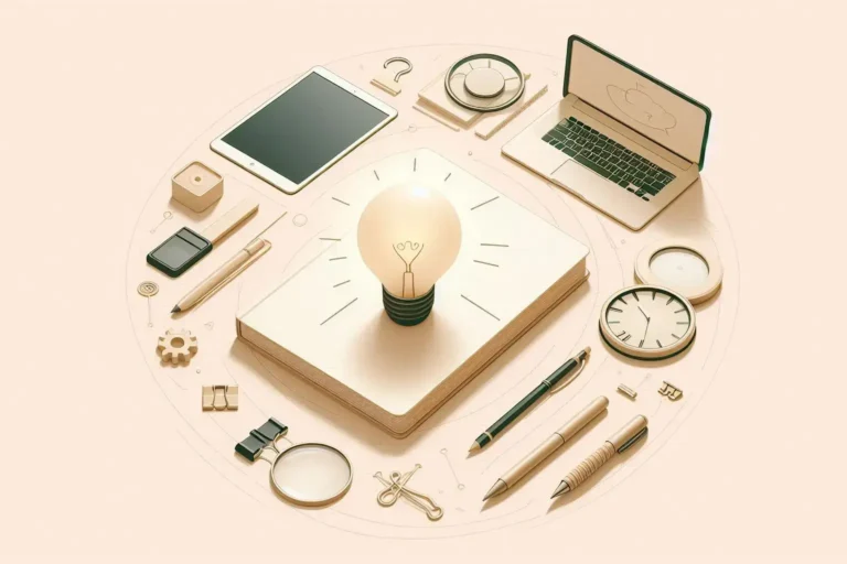 Exploring New Ideas for Business Success Minimalist workspace with lightbulb, laptop, notebook, and tools symbolizing brainstorming and idea development