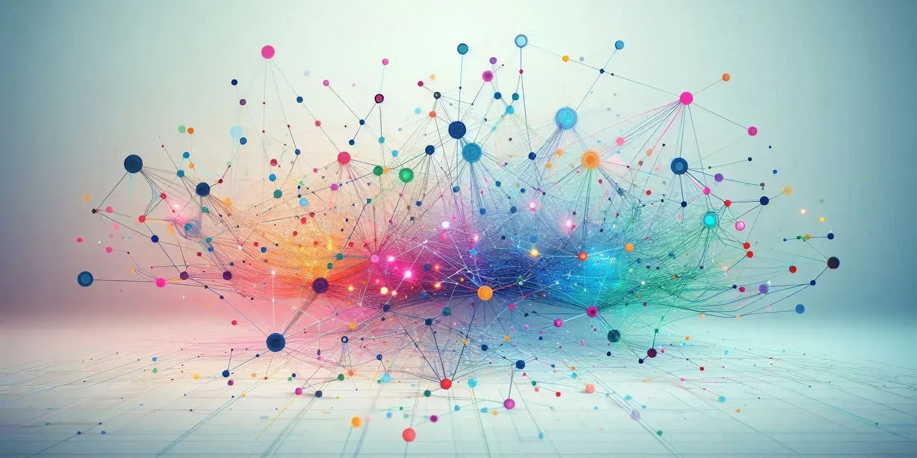 Abstract, colorful neural network visualization with interconnected nodes representing AI data analysis