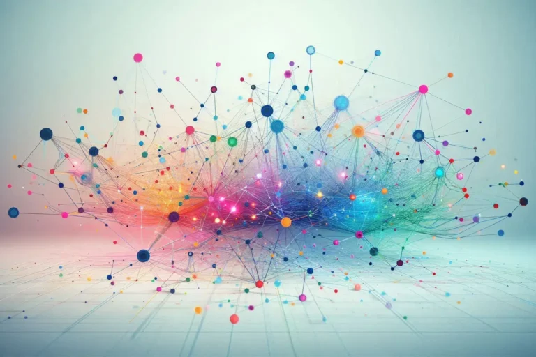 AI Neural Network Visualization in Product Discovery Abstract, colorful neural network visualization with interconnected nodes representing AI data analysis