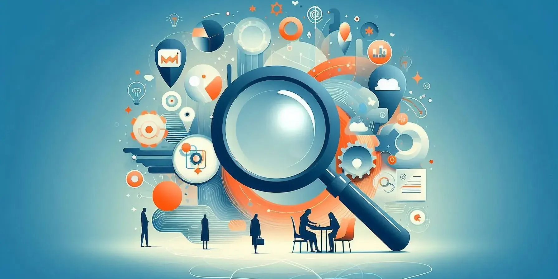 Abstract illustration of product discovery with a large magnifying glass, gears, and icons representing data and collaboration.