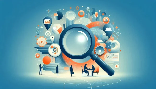 Abstract illustration of product discovery with a large magnifying glass, gears, and icons representing data and collaboration.