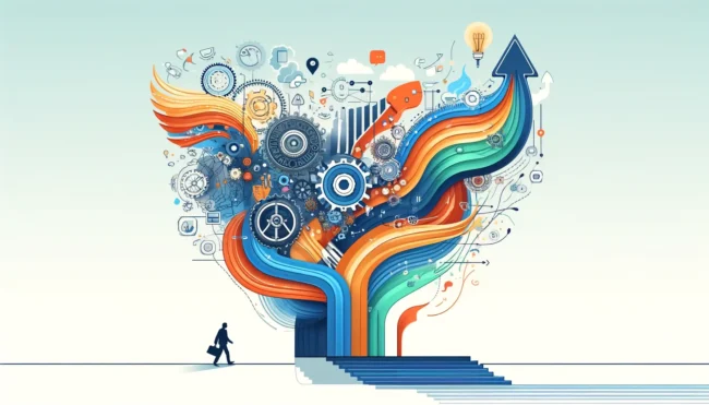 Abstract illustration of a person walking toward a large machine representing the stages of product development.