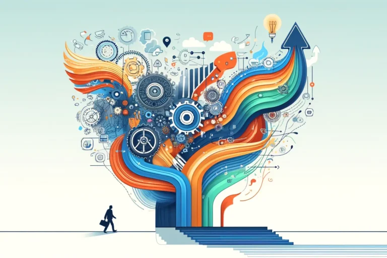 Abstract illustration of a person walking toward a large machine representing the stages of product development.